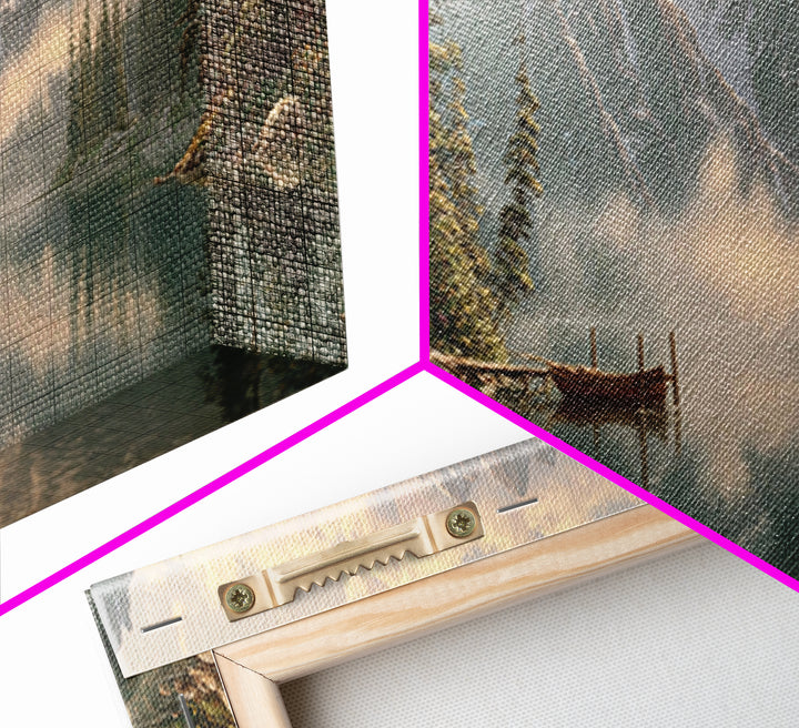 Misty Alpine Cabin Lake Wall Art, Mountain Landscape Canvas, Rustic Nature Decor, Large Horizontal Living Room Print, Housewarming Gift