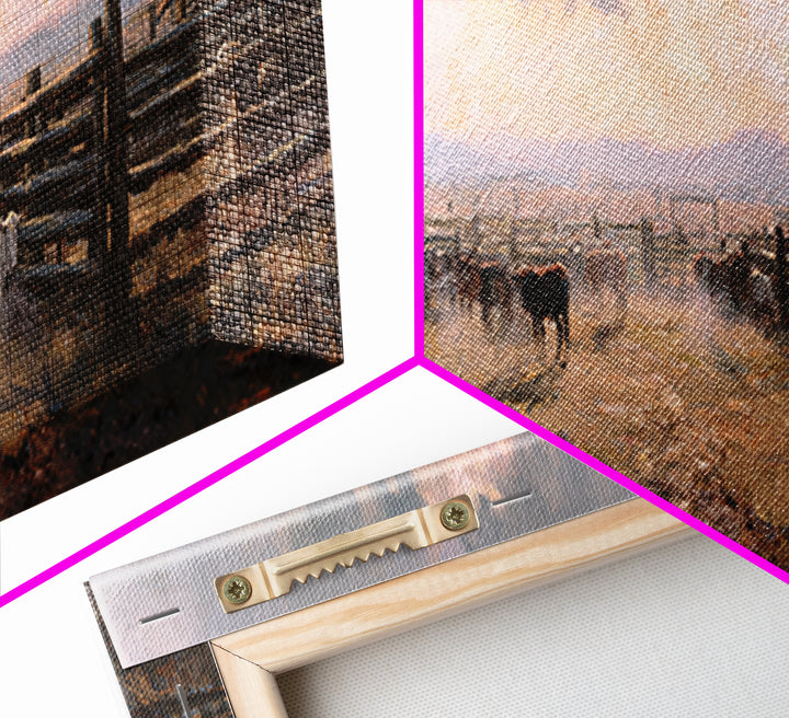 Rustic Cattle Corral At Sunset Wall Art, Western Ranch Canvas Print, Farmhouse Country Decor, Moody Landscape Gift For Him