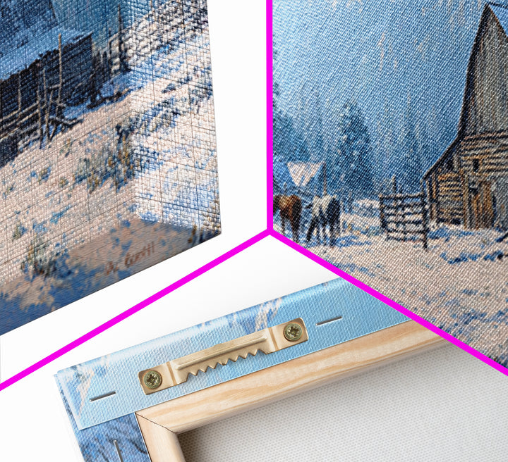 Snowy Mountain Barn Framed Canvas Print, Rustic Farmhouse Wall Art, Winter Landscape Decor, Cabin Living Room Wall Art Print