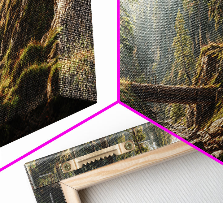 Sunlit Forest Creek Framed Canvas Print, Rustic Landscape Wall Art, Nature Cabin Decor, Large Horizontal Living Room Art