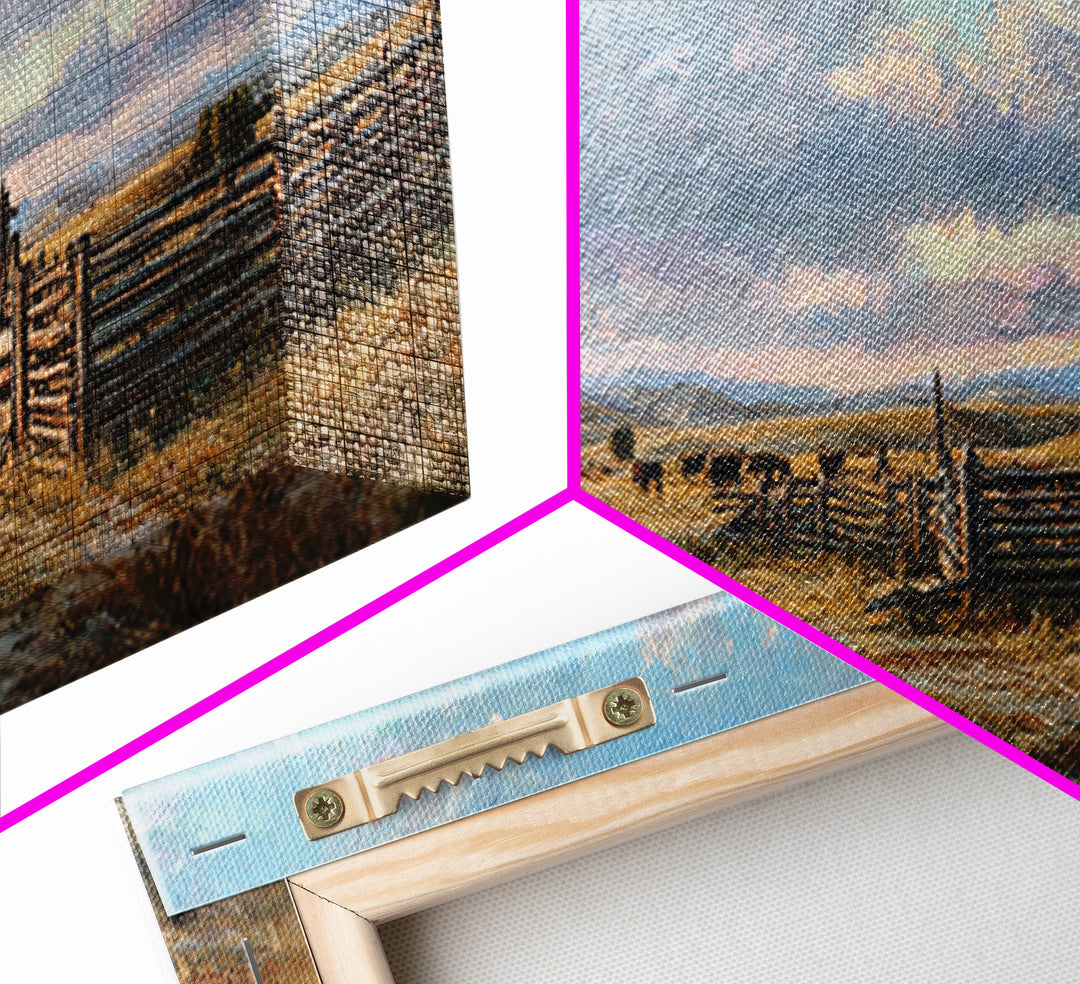 Wide Western Prairie Corral Canvas Print, Rustic Ranch Landscape Wall Art, Farmhouse Decor, Cowboy Housewarming Gift For Him
