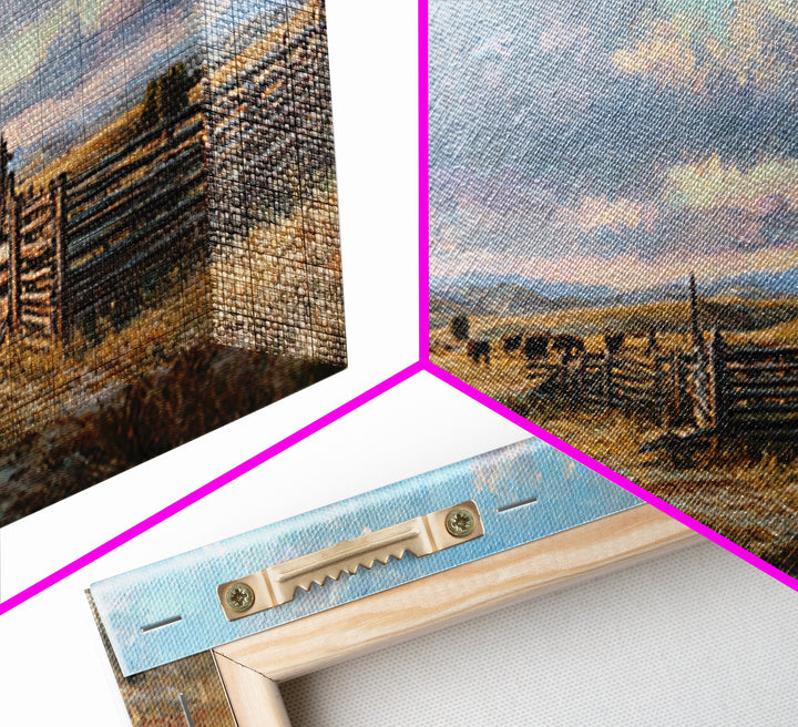 Wide Western Prairie Corral Canvas Print, Rustic Ranch Landscape Wall Art, Farmhouse Decor, Cowboy Housewarming Gift For Him