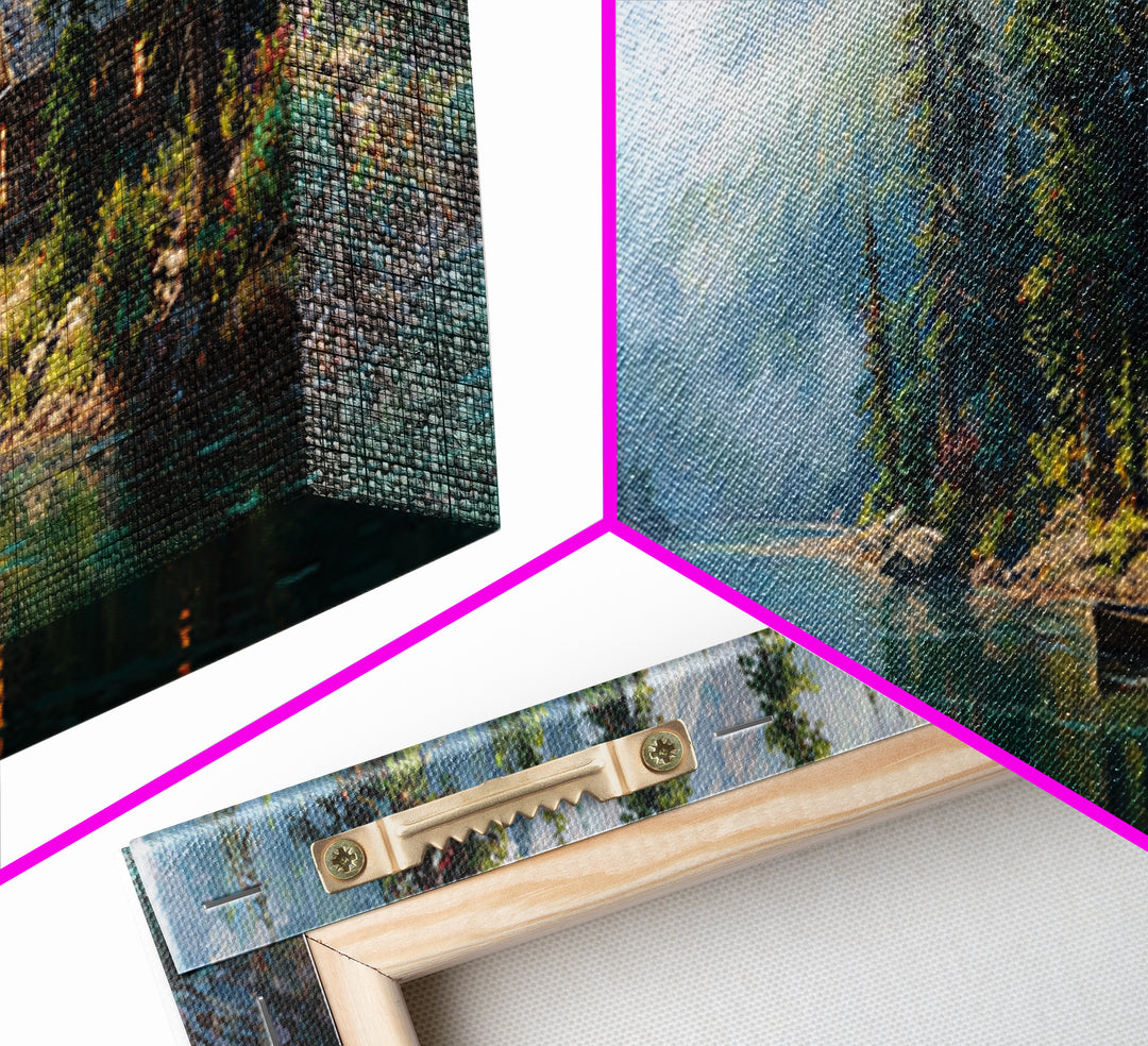 Misty Mountain Lake Cabin Wall Art, Rustic Landscape Painting, Nature Wall Decor, Lake House Canvas, Cozy Home Decor Gift