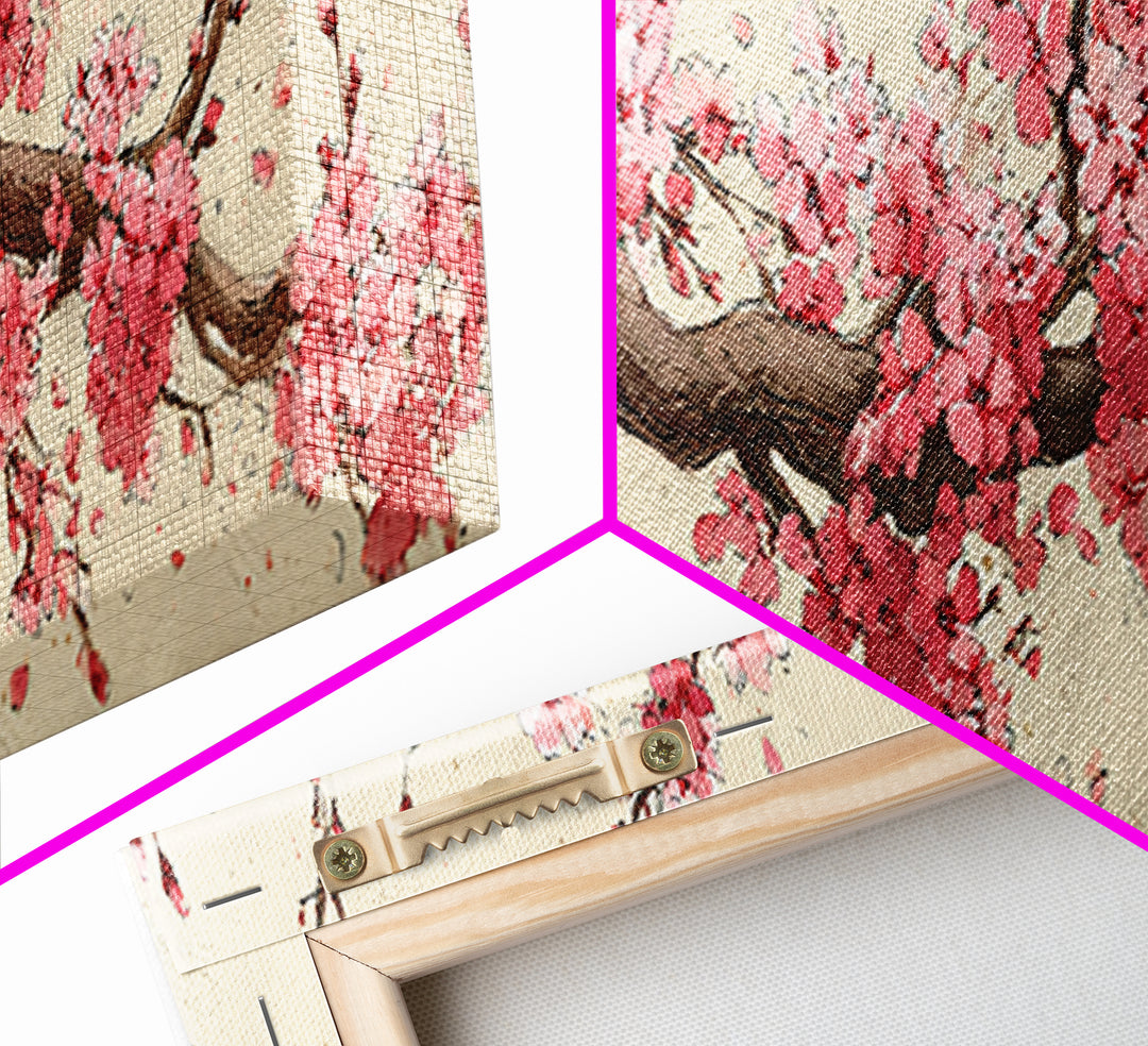 Pink Cherry Blossom Branch Wall Art, Japanese Floral Canvas Print, Botanical Wall Decor, Japandi Bedroom Art Print, Above Bed Decor