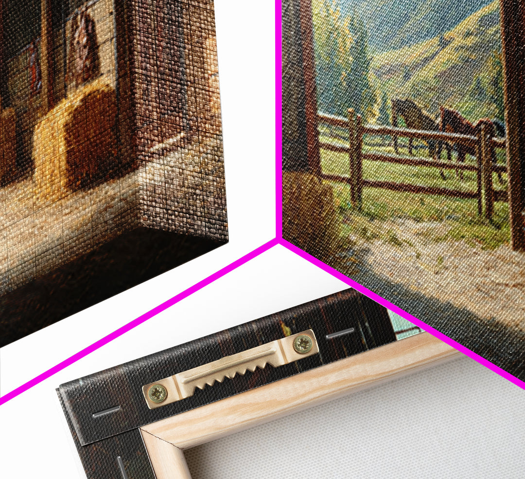 Rustic Horse Barn Interior Wall Art, Sunlit Stable Landscape Canvas Print, Equestrian Farmhouse Decor, Country Gift For Horse Lover