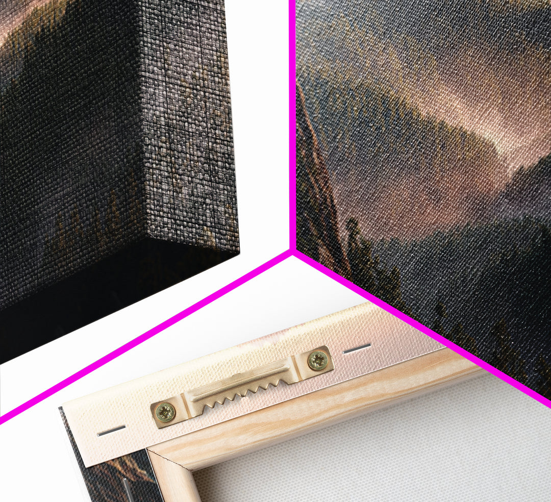 Misty Mountain Lookout Cabin Framed Canvas Print, Rustic Wall Art, Forest Landscape Decor, Cabin Housewarming Nature Gift