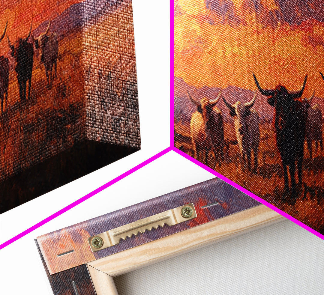 Longhorn Cattle At Fiery Sunset Wall Art, Western Ranch Landscape Canvas Print, Rustic Farmhouse Decor, Cowboy Gift For Him