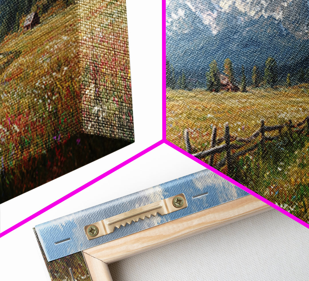 Wildflower Meadow Mountain Wall Art, Alpine Landscape Canvas Print, Rustic Farmhouse Decor, Large Living Room Art Housewarming Gift