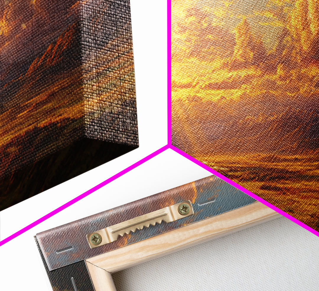 Golden Mountain Valley Sunset Wall Art, Panoramic Landscape Painting, Rustic Nature Decor For Living Room And Office Wall Decor