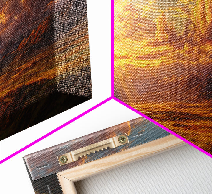 Golden Mountain Valley Sunset Wall Art, Panoramic Landscape Painting, Rustic Nature Decor For Living Room And Office Wall Decor