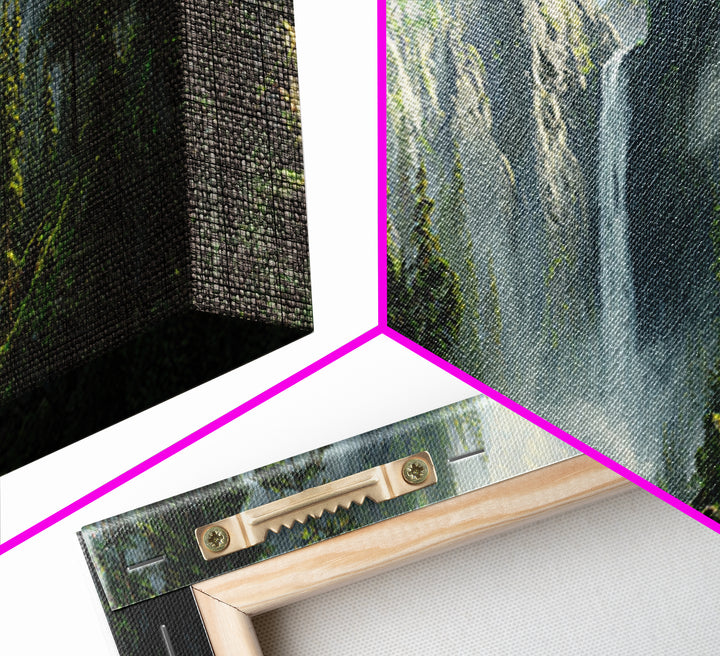 Misty Waterfall Forest Framed Canvas Print, Mountain Landscape Wall Art, Nature Wall Decor, Cabin Decor, Large Horizontal Art