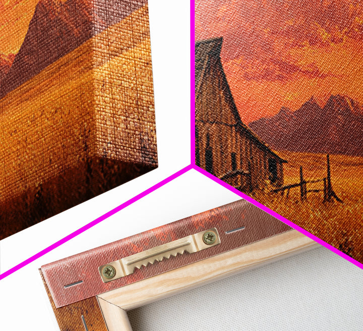 Rustic Barn At Sunset Framed Canvas Print, Western Landscape Living Room Wall Art, Farmhouse Decor, Country Home Housewarming Gift