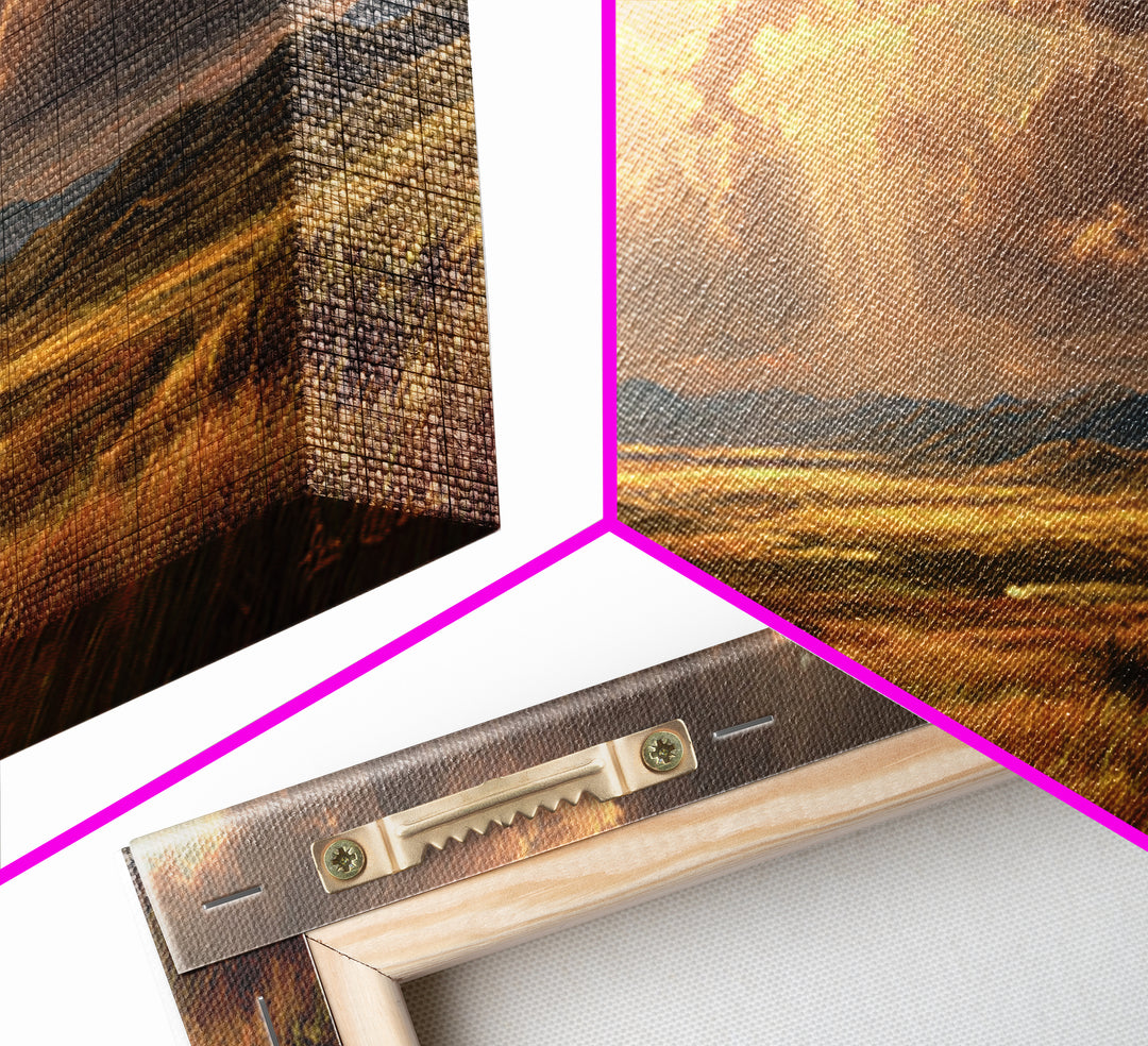 Golden Sun Rays Over Prairie Wall Art, Dramatic Sky Landscape Canvas Print, Nature Wall Decor, Rustic Living Room Art Gift