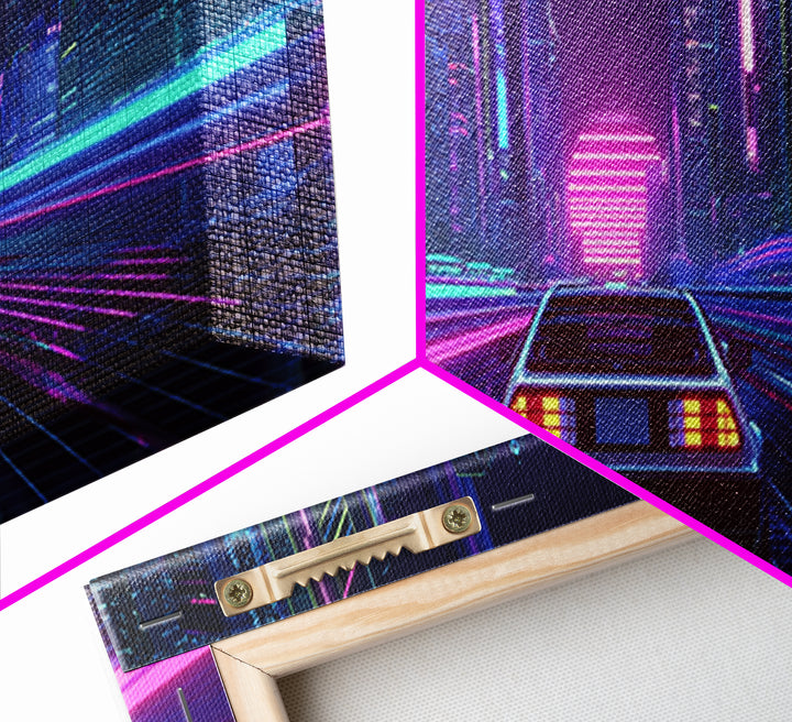 Neon Car Racing Through Cyberpunk City Canvas Print, Futuristic Wall Art, Synthwave Decor, Sci Fi Gaming Room Poster Art