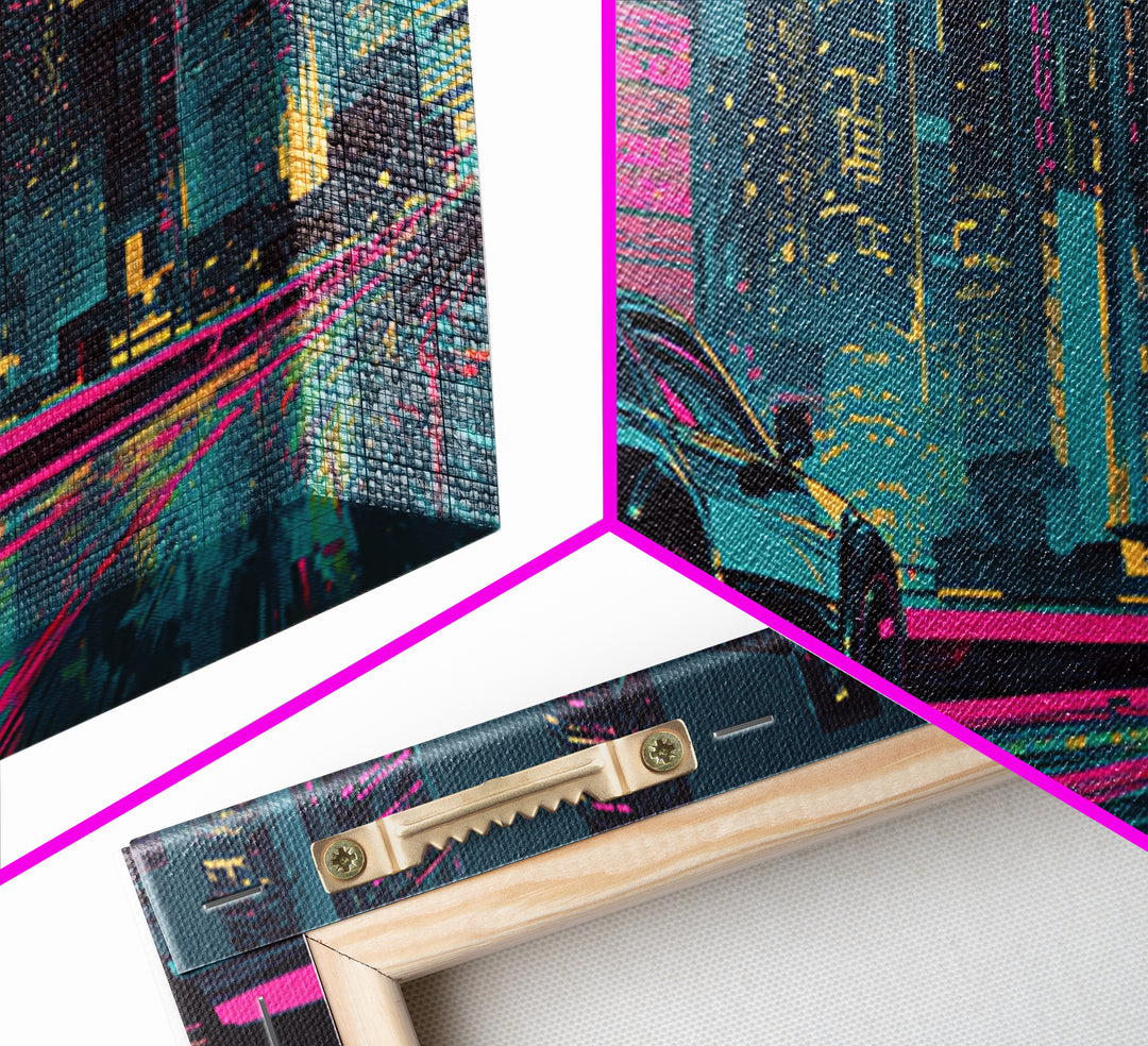 Cyberpunk Sports Car Canvas Print, Neon City Wall Art, Futuristic Gaming Room Decor, Large Synthwave Modern Wall Art Print