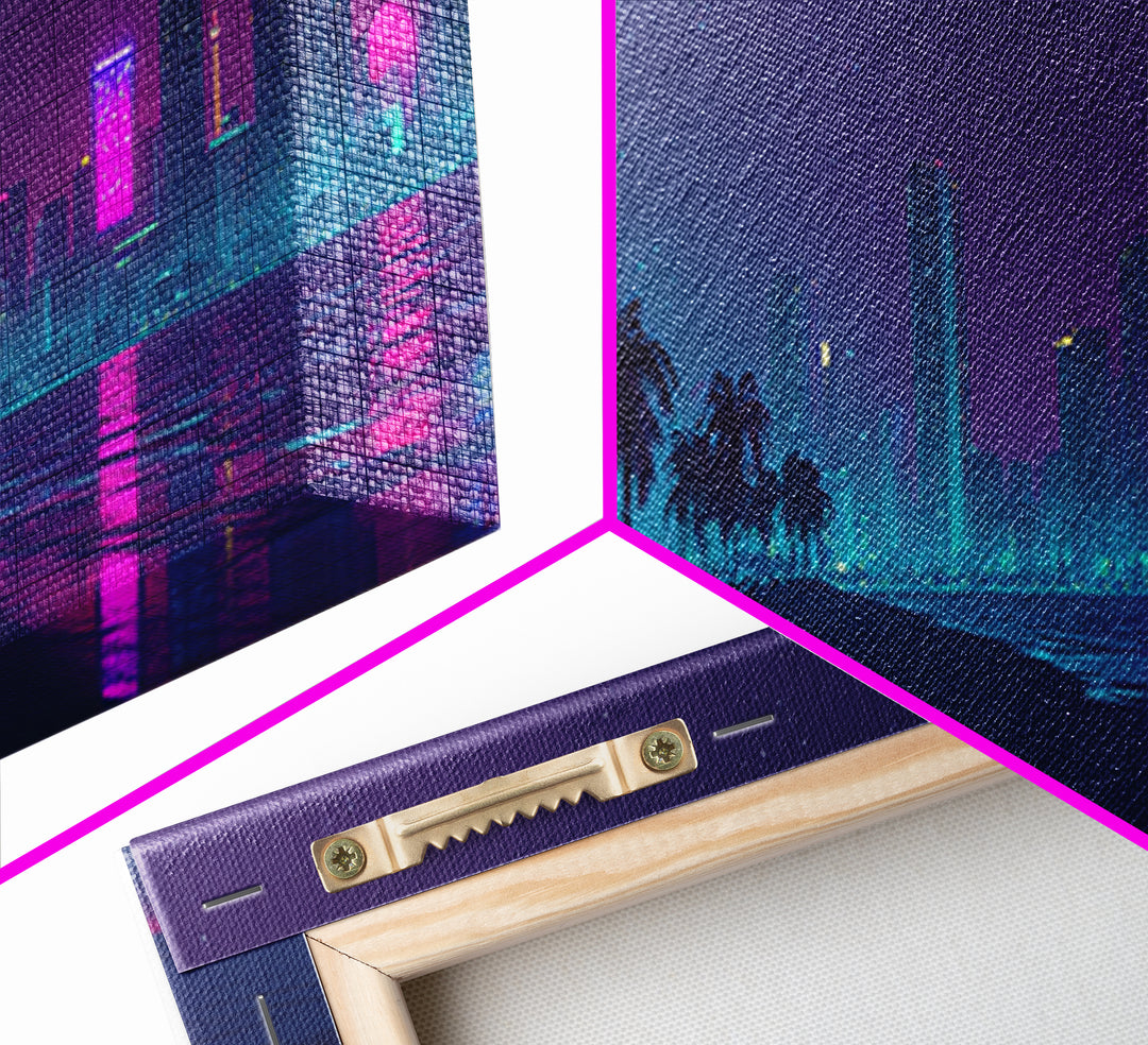 Neon Cyberpunk City Beach Wall Art, Retro Futuristic Canvas Print, Vaporwave Decor For Gaming Room And Modern Office Decor