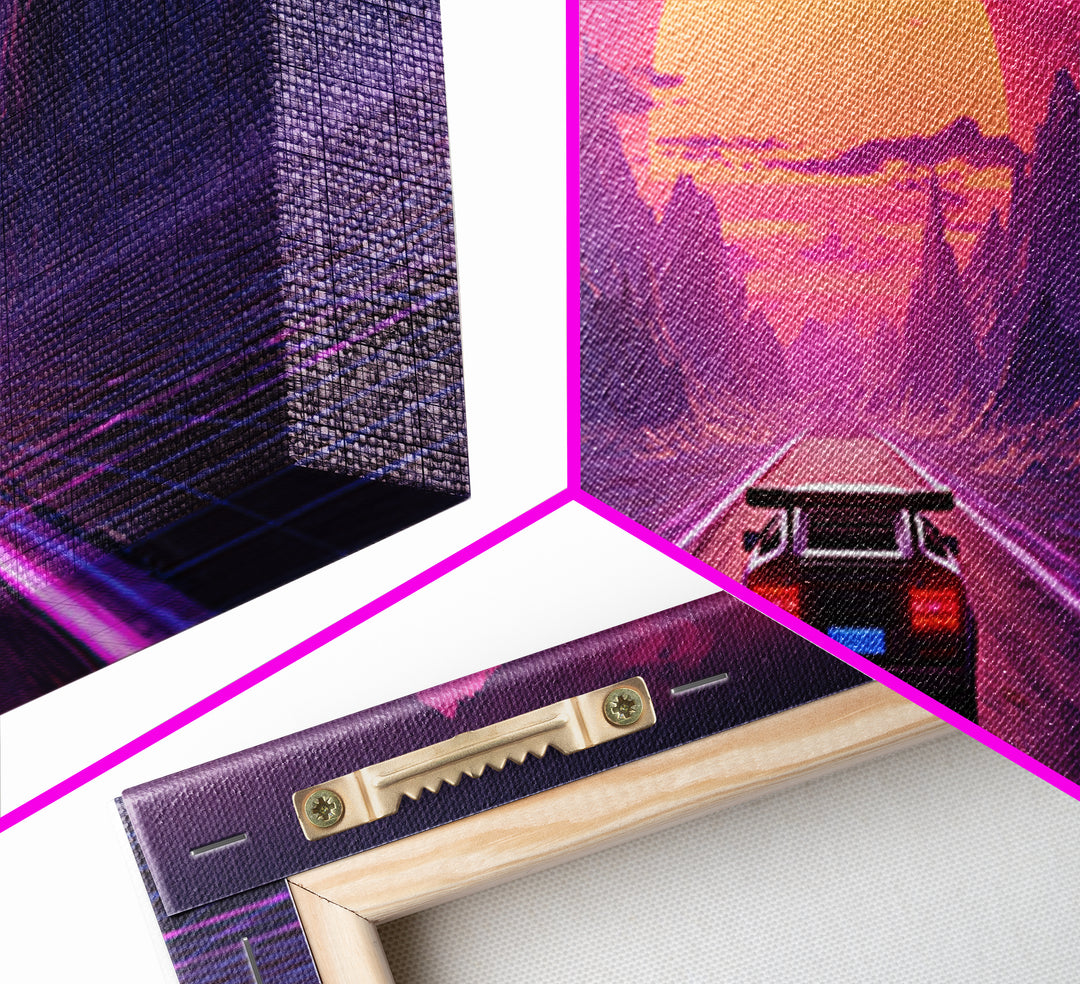 Retro Futuristic Car Road Canvas Print, Cyberpunk Mountain Wall Art, Neon Synthwave Gaming Room Decor, Sci Fi Poster, Gift For Him