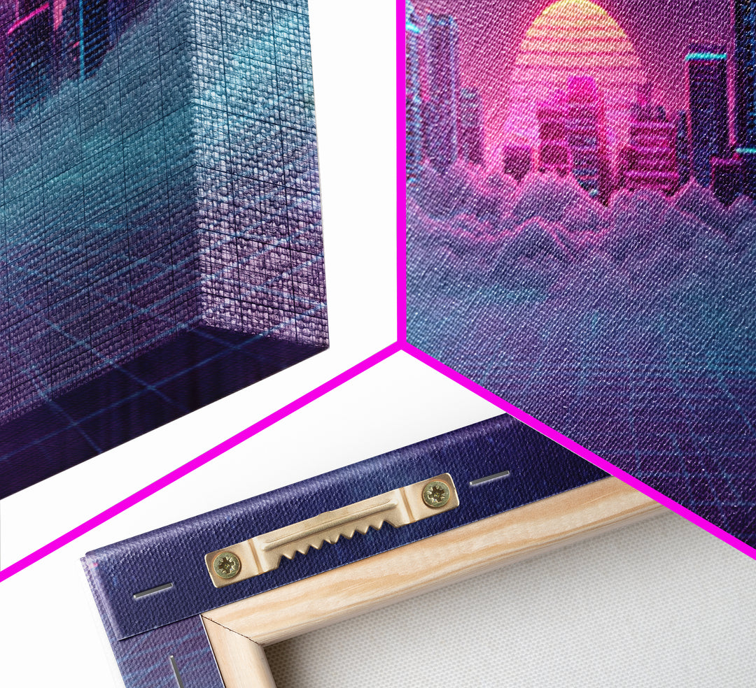 Vaporwave Skyline Over Clouds Canvas Print, Retro Futuristic City Wall Art, Neon Synthwave Decor, Gaming Room Poster, Gift