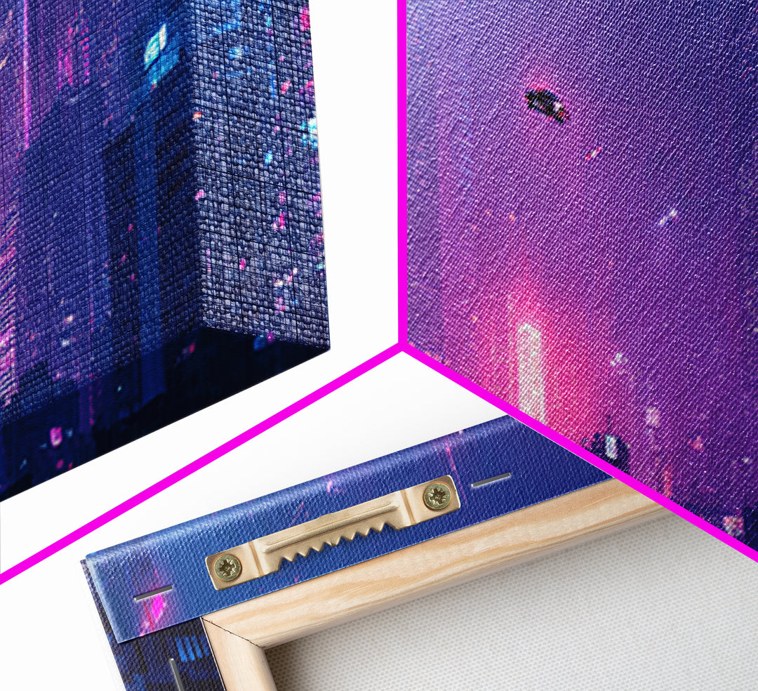 Cyberpunk Neon City Skyline Wall Art, Futuristic Framed Canvas Print, Sci Fi Urban Decor, Gaming Room Wall Decor, Large Print