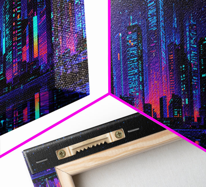 Neon Cyberpunk City Skyline Wall Art, Futuristic Urban Canvas Print, Vaporwave Gaming Room Decor, Sci Fi Office Poster Art
