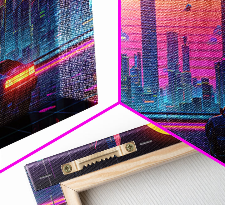 Neon Cyberpunk City Car Canvas Print, Futuristic Wall Art, Sci Fi Poster, Gaming Room Decor, Vaporwave Modern Home Decor