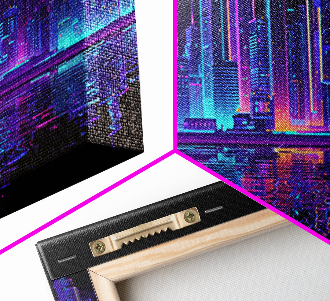 Neon Cyberpunk City Skyline Wall Art, Futuristic Synthwave Canvas Print, Urban Night Office Decor, Gamer Room Home Decor Poster