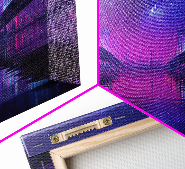Neon Twin Bridges Over City Water, Cyberpunk Wall Art, Futuristic Canvas Print, Sci Fi Urban Decor, Gaming Room Art, Office Decor
