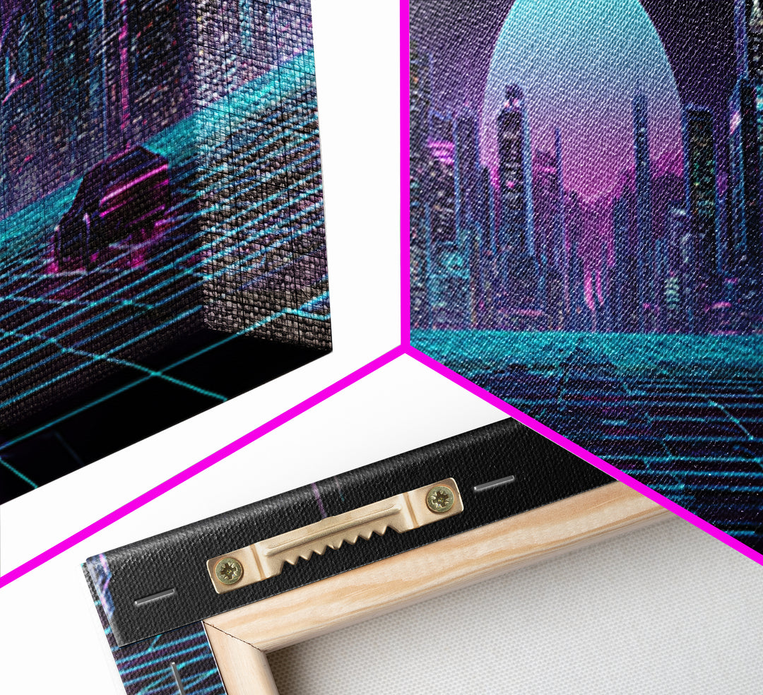 Futuristic Neon Skyline And Grid Highway, Cyberpunk Wall Art, Synthwave Canvas Print, Gaming Room Decor, Office Wall Decor