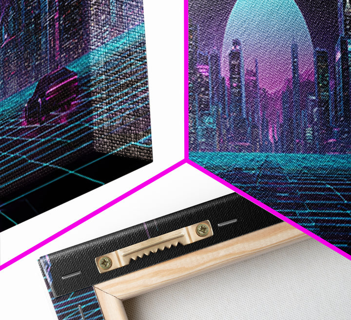 Futuristic Neon Skyline And Grid Highway, Cyberpunk Wall Art, Synthwave Canvas Print, Gaming Room Decor, Office Wall Decor