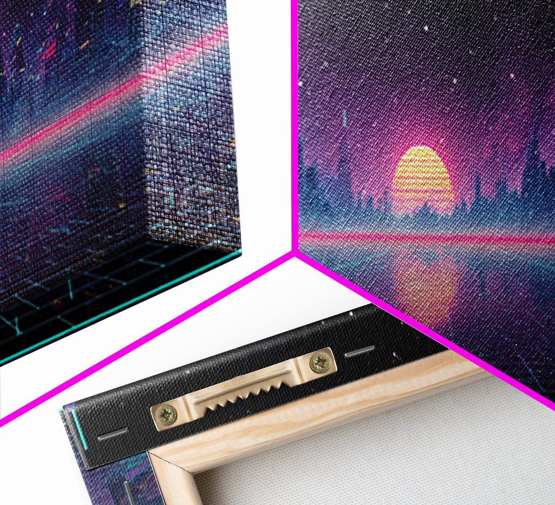 Futuristic Neon City Skyline Wall Art, Cyberpunk Grid Landscape, Sci Fi Poster, Vaporwave Decor, Gaming Room Canvas Print