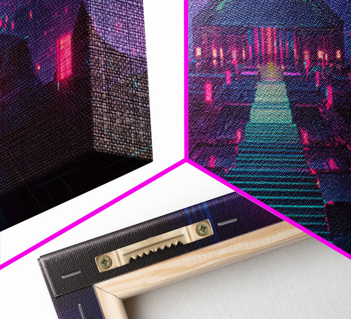 Neon Cyberpunk Temple Stairway Canvas Print, Futuristic Wall Art, Sci Fi Gaming Room Decor, Modern Statement Artwork For Office