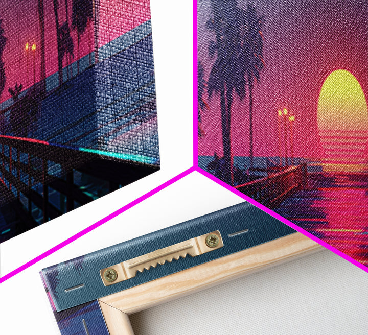 Sunset Pier With Palm Trees Canvas Print, Tropical Beach Wall Art, Coastal Vaporwave Decor For Bedroom And Living Room Wall Decor
