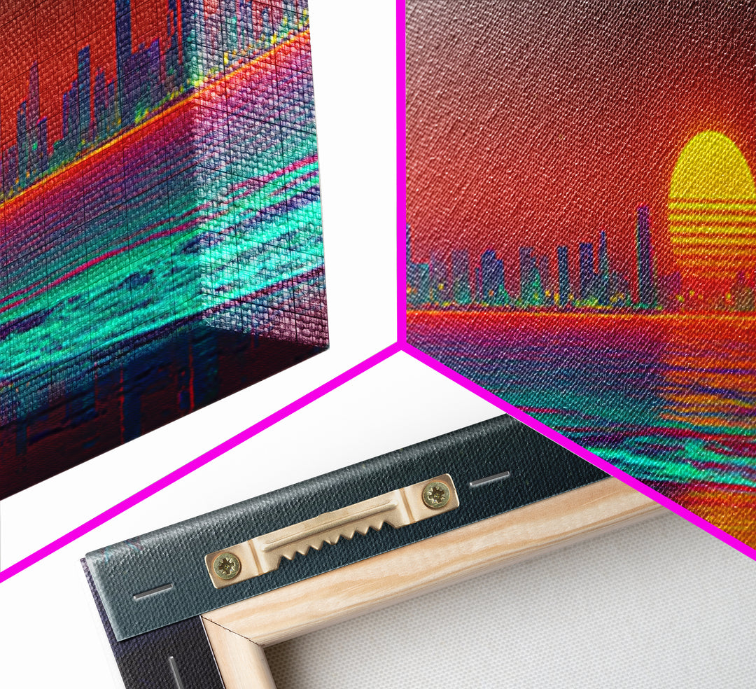 Retro Neon Coastal City Skyline Wall Art, Palm Beach Sunset, Synthwave Ocean Decor, Modern Living Room Canvas Print, Large Horizontal Art