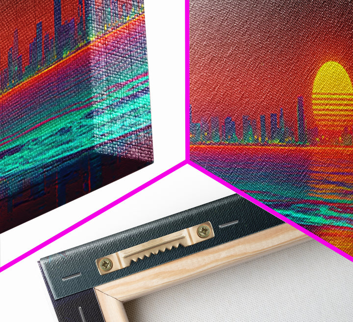 Retro Neon Coastal City Skyline Wall Art, Palm Beach Sunset, Synthwave Ocean Decor, Modern Living Room Canvas Print, Large Horizontal Art