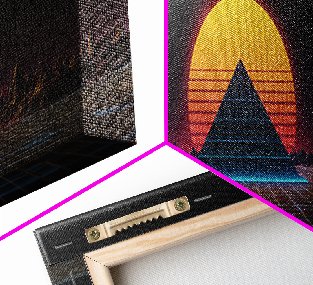 Retro Pyramid Sunset Canvas Print, Synthwave Desert Wall Art, Futuristic Vaporwave Decor, Gaming Room Statement Artwork Poster