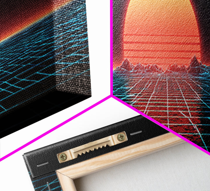 Retro Futuristic Ocean Grid Sunset Wall Art, Synthwave Neon Landscape, Vaporwave Decor, Large Horizontal Art Print, Home Decor