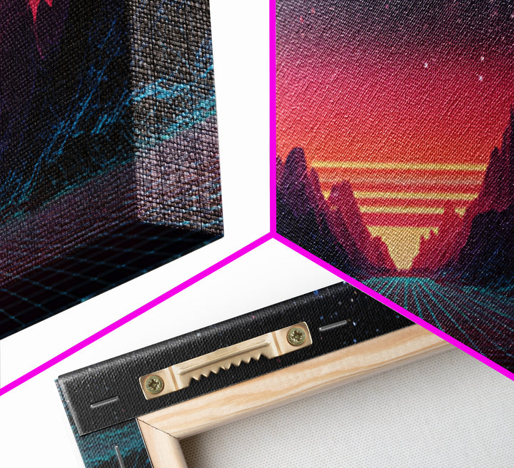 Synthwave Mountain Road Under Starry Sky, Retro Futuristic Wall Art, Landscape Canvas Print, Man Cave Decor, Large Wall Art