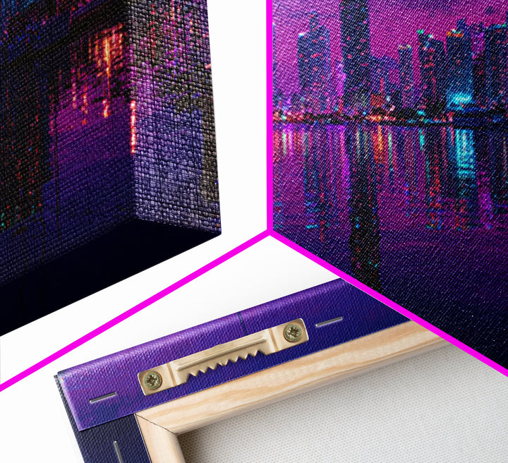 Neon Waterfront City Skyline Wall Art, Miami Night Canvas Print, Urban Photography Decor, Modern Office Living Room Poster