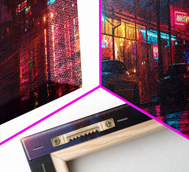 Rainy Neon City Street Wall Art, Cyberpunk Urban Night Canvas Print, Retro Motel Lights, Modern Office Decor, Moody Wall Decor