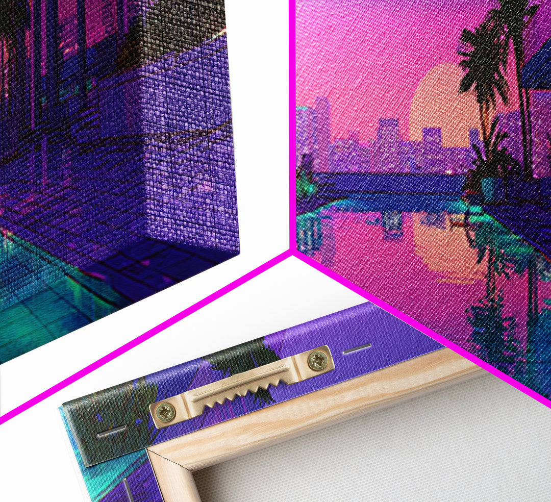 Neon Poolside City Sunset Framed Canvas Print, Miami Palm Skyline Wall Decor, Cyberpunk Art, Modern Living Room Decor, Large Wall Art