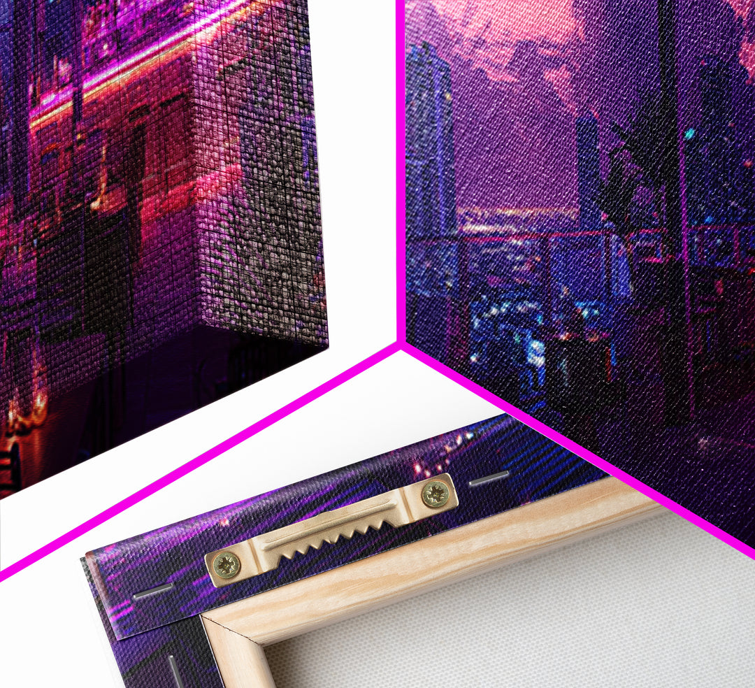 Neon Rooftop Lounge Skyline At Dusk Wall Art, Cyberpunk Cityscape, Futuristic Bar Decor, Panoramic Living Room Print Home Decor