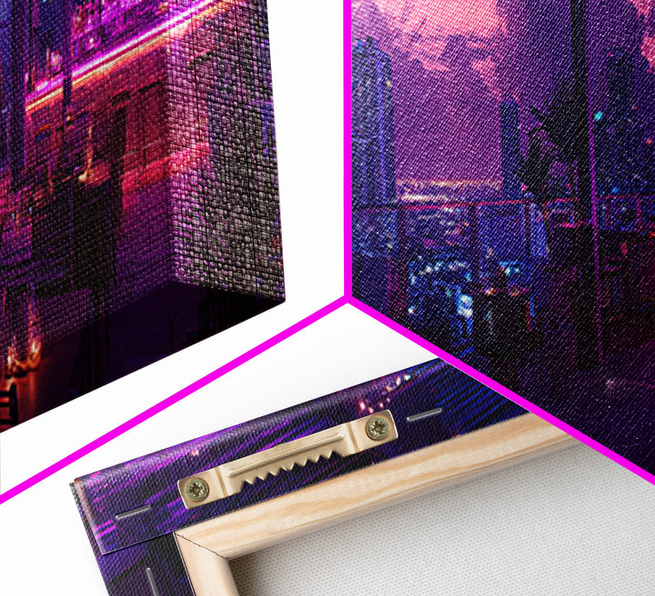 Neon Rooftop Lounge Skyline At Dusk Wall Art, Cyberpunk Cityscape, Futuristic Bar Decor, Panoramic Living Room Print Home Decor