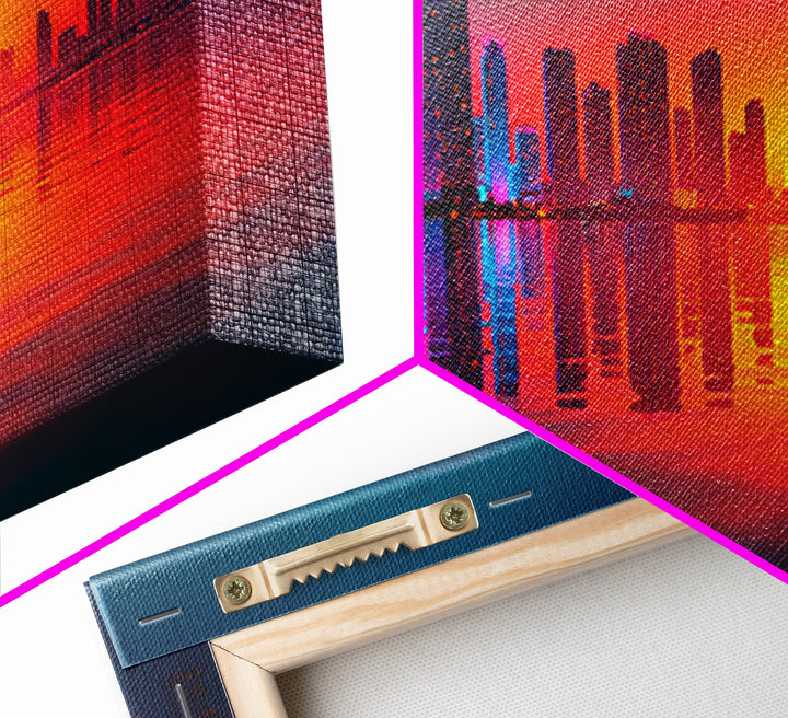 Neon City Skyline Sunset Wall Art, Modern Urban Landscape With Water Reflections, Colorful Office Decor, Large Canvas Print
