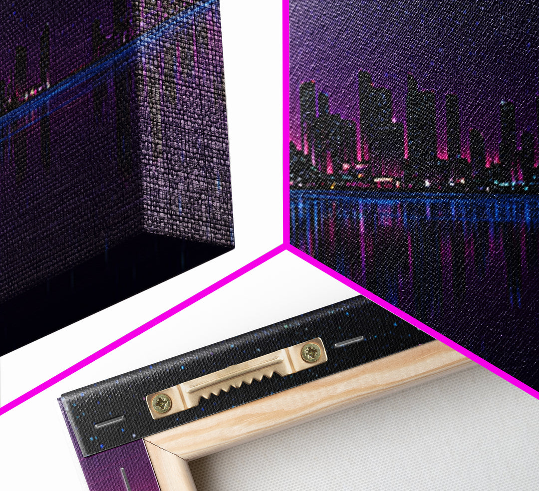 Purple Starry City Skyline Reflection, Modern Wall Art, Cyberpunk Canvas Print, Urban Night Decor, Office Wall Decor, Living Room Art