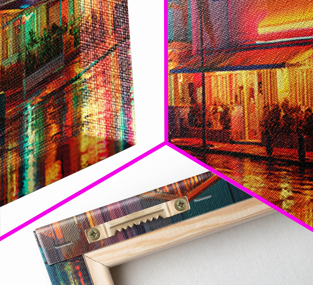 Neon Rainy Art Deco Hotel Street Wall Art, Miami Urban Night Cityscape, Retro Travel Poster, Framed Canvas Print, Office Decor