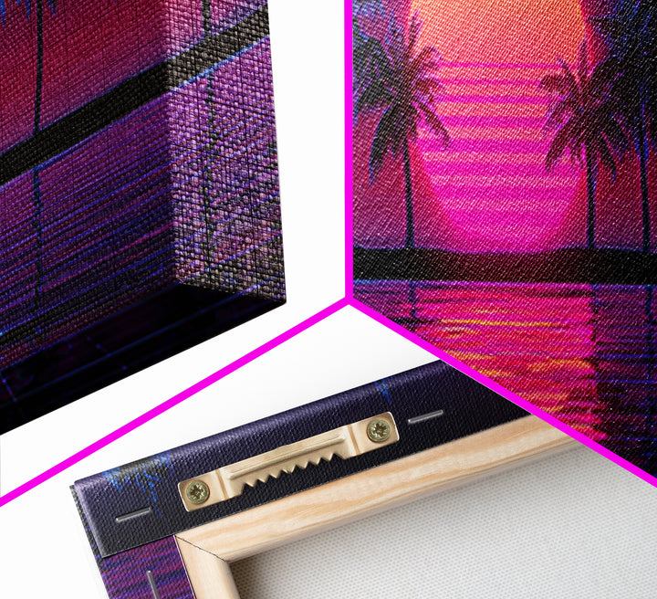 Neon Palm Tree Sunset Canvas Print, Tropical Beach Wall Art, Retro Coastal Decor, Pink Purple Living Room Art, Home Decor