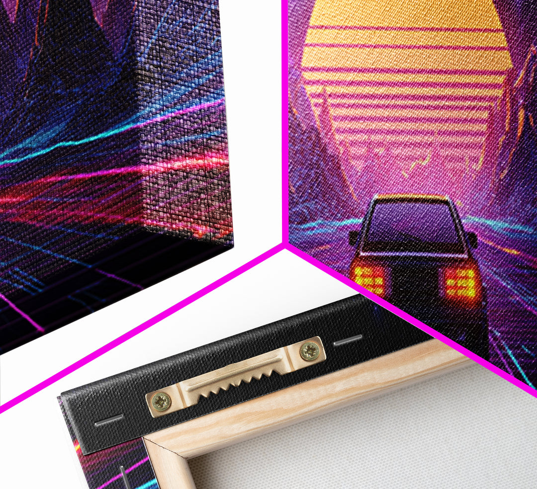 Neon Synthwave Car Wall Art, Retro Futuristic Mountains, Cyberpunk Sunset Decor, Gaming Room Poster, Panoramic Canvas Print