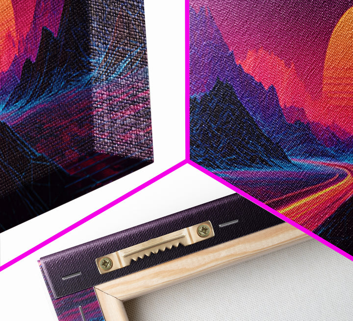 Neon Highway Through Purple Mountains Framed Canvas Print, Synthwave Wall Art, Retro Futuristic Decor, Gaming Room Poster