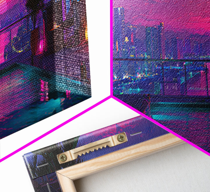 Neon Rooftop Pool At Sunset Framed Canvas Print, Cyberpunk City Wall Art, Tropical Miami Decor, Vaporwave Living Room Art