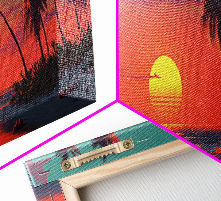 Tropical Palm Beach Sunset Wall Art, Retro Coastal Canvas Print, Ocean Seascape Decor, Summer Beach House Art Print Gift